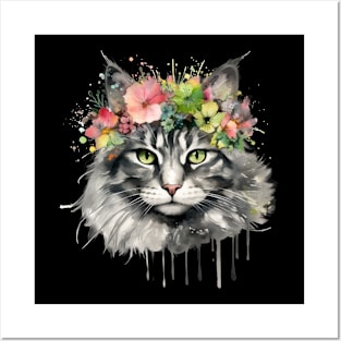 Maine Coon Cat Flowers Water Color Cat Mom Mother's Day Gift Posters and Art